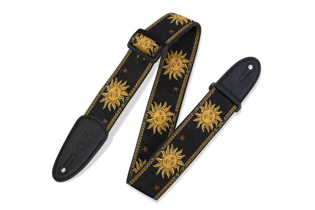 Levy's MPJG-SUN-BLK 2” woven guitar strap with Yellow-on-Black Sun motif