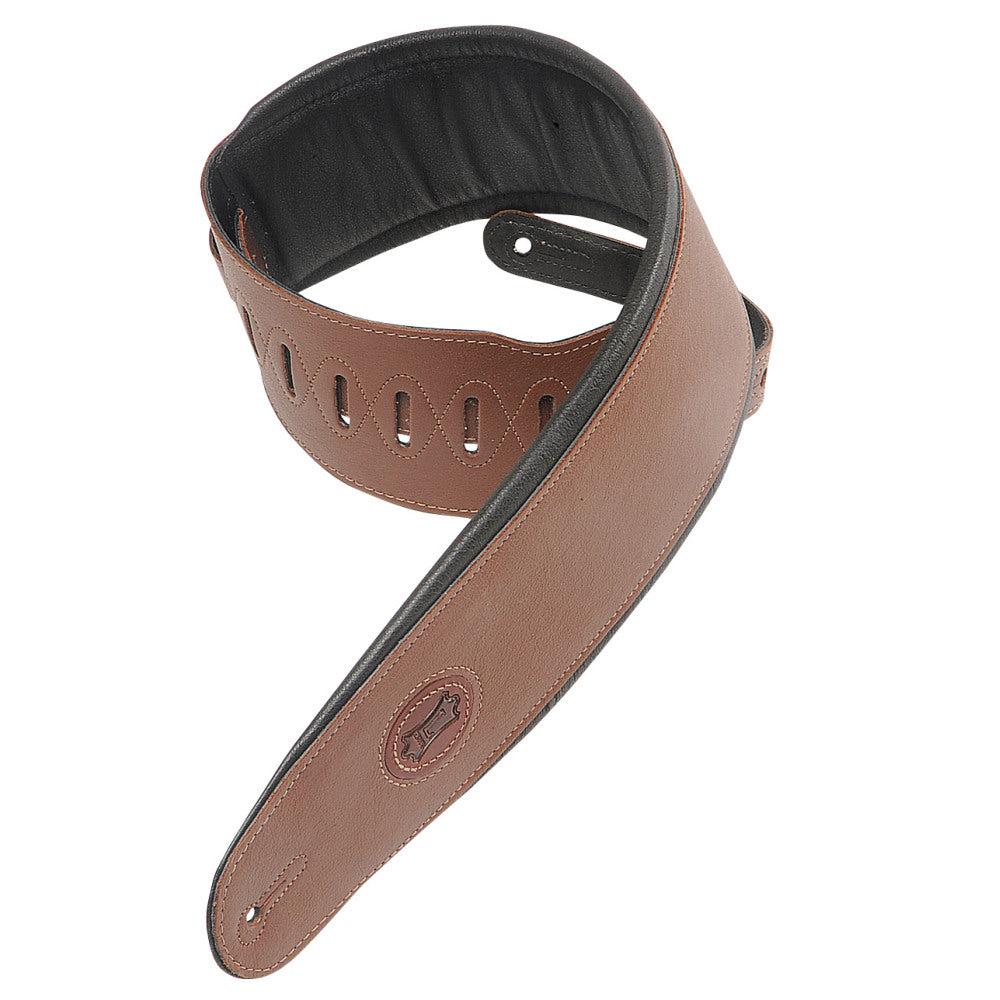 Levy’s 4 1/2″ MSS2-4BRN Signature Brown Garment Leather Guitar Strap With Padding Wrapped In Black Garment Leather.