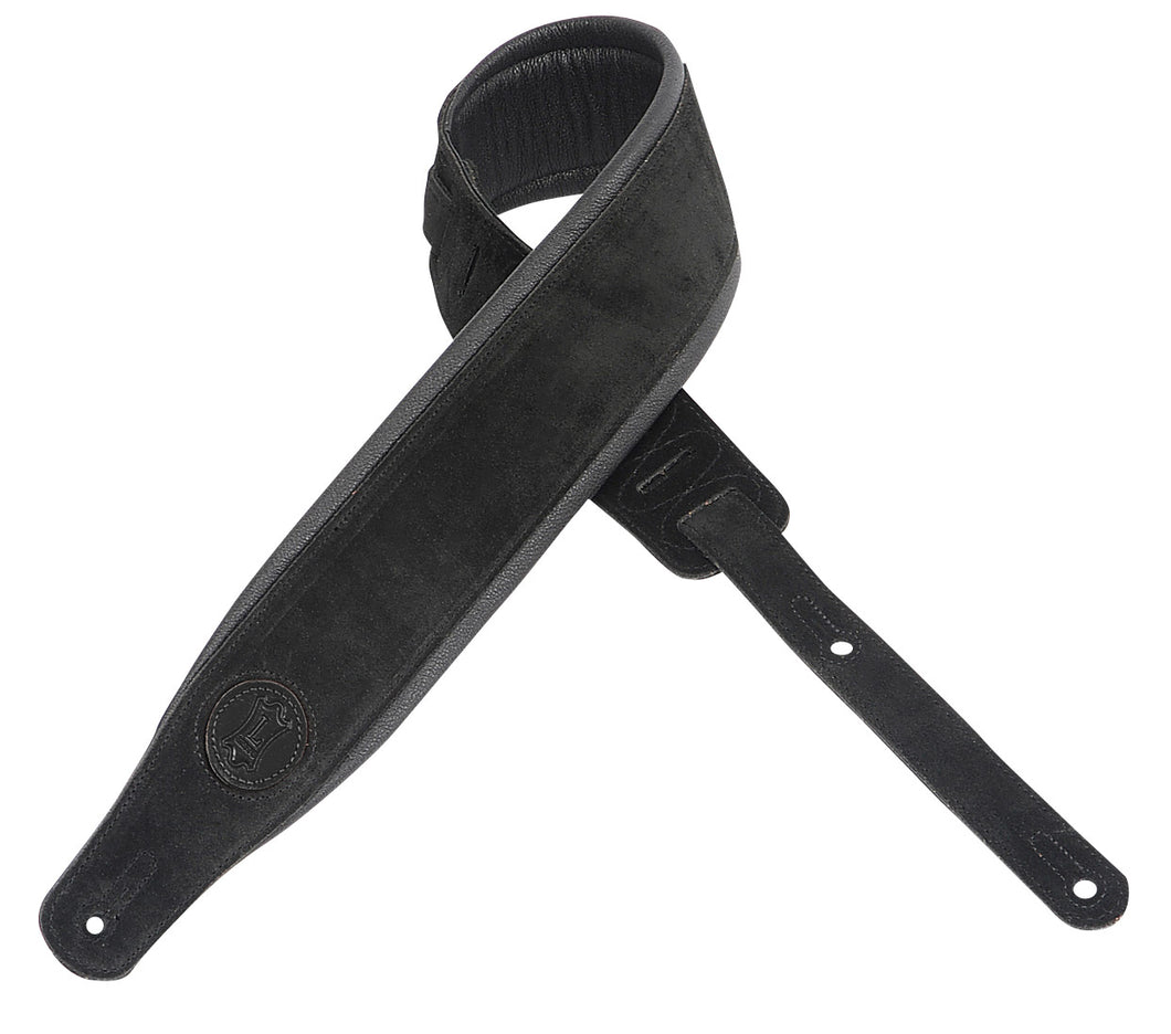 Levy's MSSB2S-BLK 3″ ‘Black On Black’ Signature Suede Guitar Strap with Leather Wrapped Padding With Iconic Oval In Black